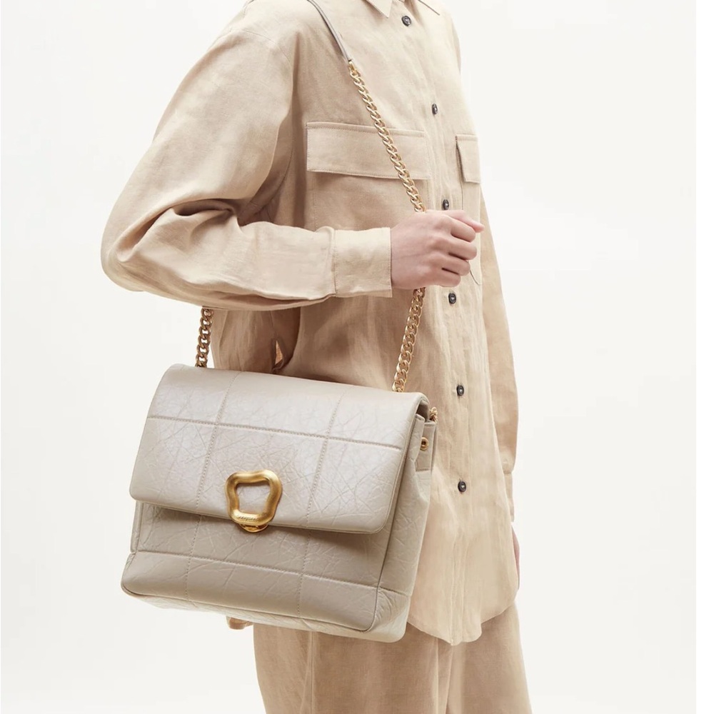Songmont Chocolate Shoulder Bag with Gold Chain in Pearl Grey